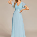 MONICA | Dlouhé šaty pro družičky s empírovým pasem a krátkými volánkovými rukávy | Bridesmaid Dresses | Elora Praha
