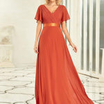 MONICA | Dlouhé šaty pro družičky s empírovým pasem a krátkými volánkovými rukávy | Bridesmaid Dresses | Elora Praha