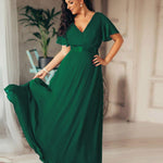 MONICA | Dlouhé šaty pro družičky s empírovým pasem a krátkými volánkovými rukávy | Bridesmaid Dresses | Elora Praha