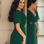 MONICA | Dlouhé šaty pro družičky s empírovým pasem a krátkými volánkovými rukávy | Bridesmaid Dresses | Elora Praha