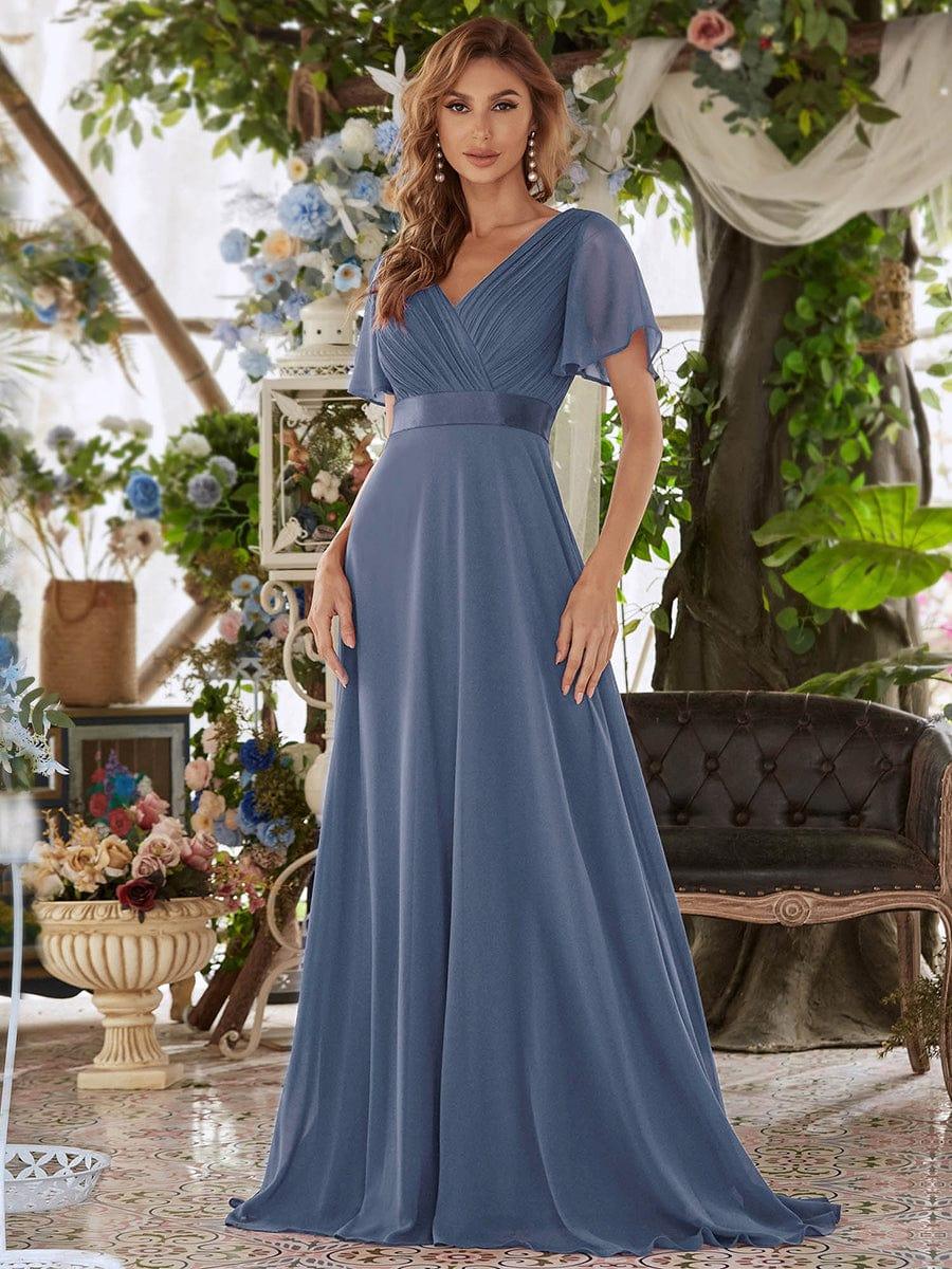 MONICA | Dlouhé šaty pro družičky s empírovým pasem a krátkými volánkovými rukávy | Bridesmaid Dresses | Elora Praha