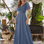 MONICA | Dlouhé šaty pro družičky s empírovým pasem a krátkými volánkovými rukávy | Bridesmaid Dresses | Elora Praha