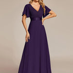 MONICA | Dlouhé šaty pro družičky s empírovým pasem a krátkými volánkovými rukávy | Bridesmaid Dresses | Elora Praha