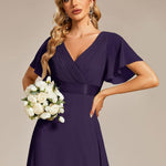 MONICA | Dlouhé šaty pro družičky s empírovým pasem a krátkými volánkovými rukávy | Bridesmaid Dresses | Elora Praha