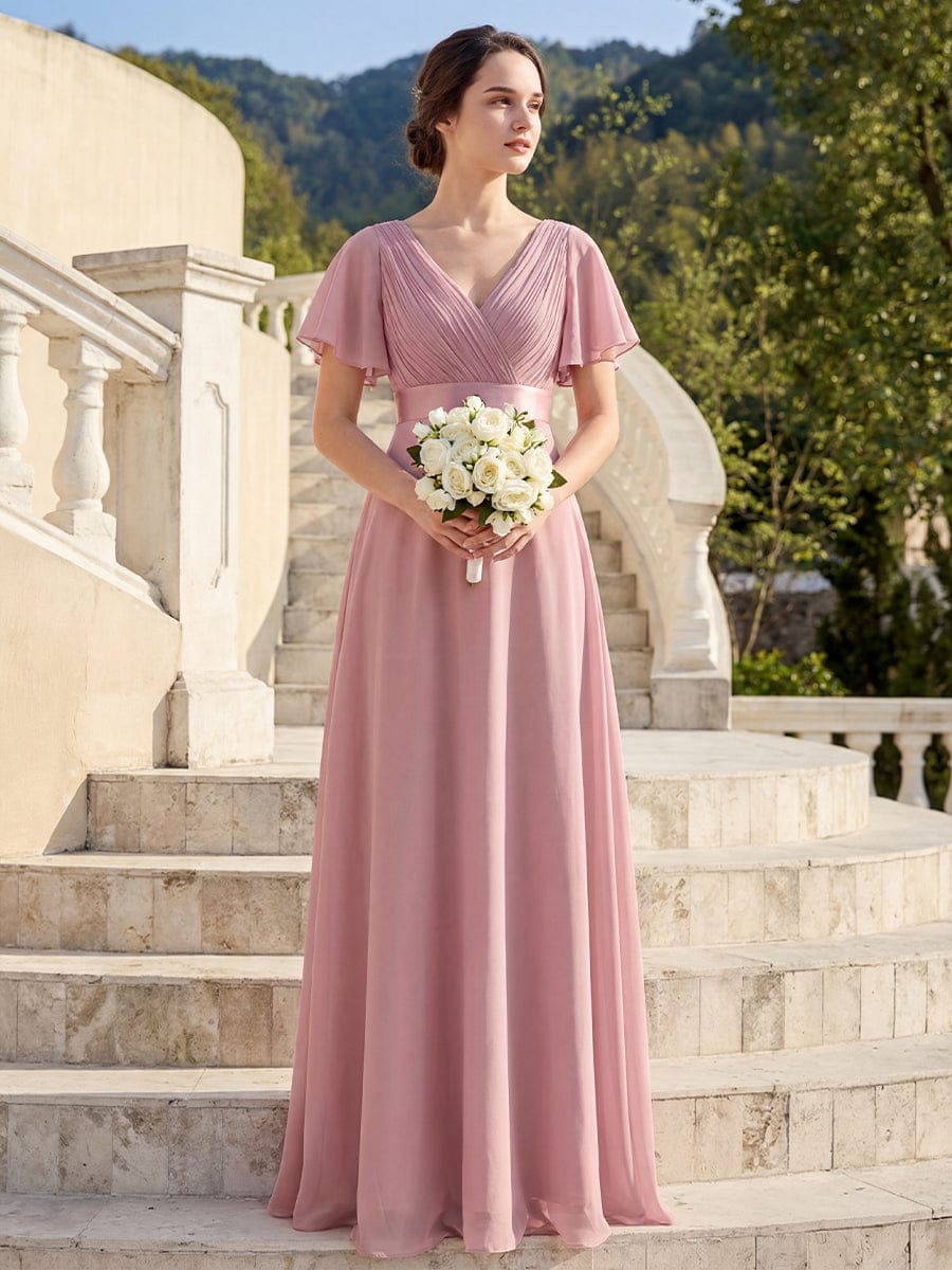 MONICA | Dlouhé šaty pro družičky s empírovým pasem a krátkými volánkovými rukávy | Bridesmaid Dresses | Elora Praha