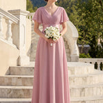 MONICA | Dlouhé šaty pro družičky s empírovým pasem a krátkými volánkovými rukávy | Bridesmaid Dresses | Elora Praha