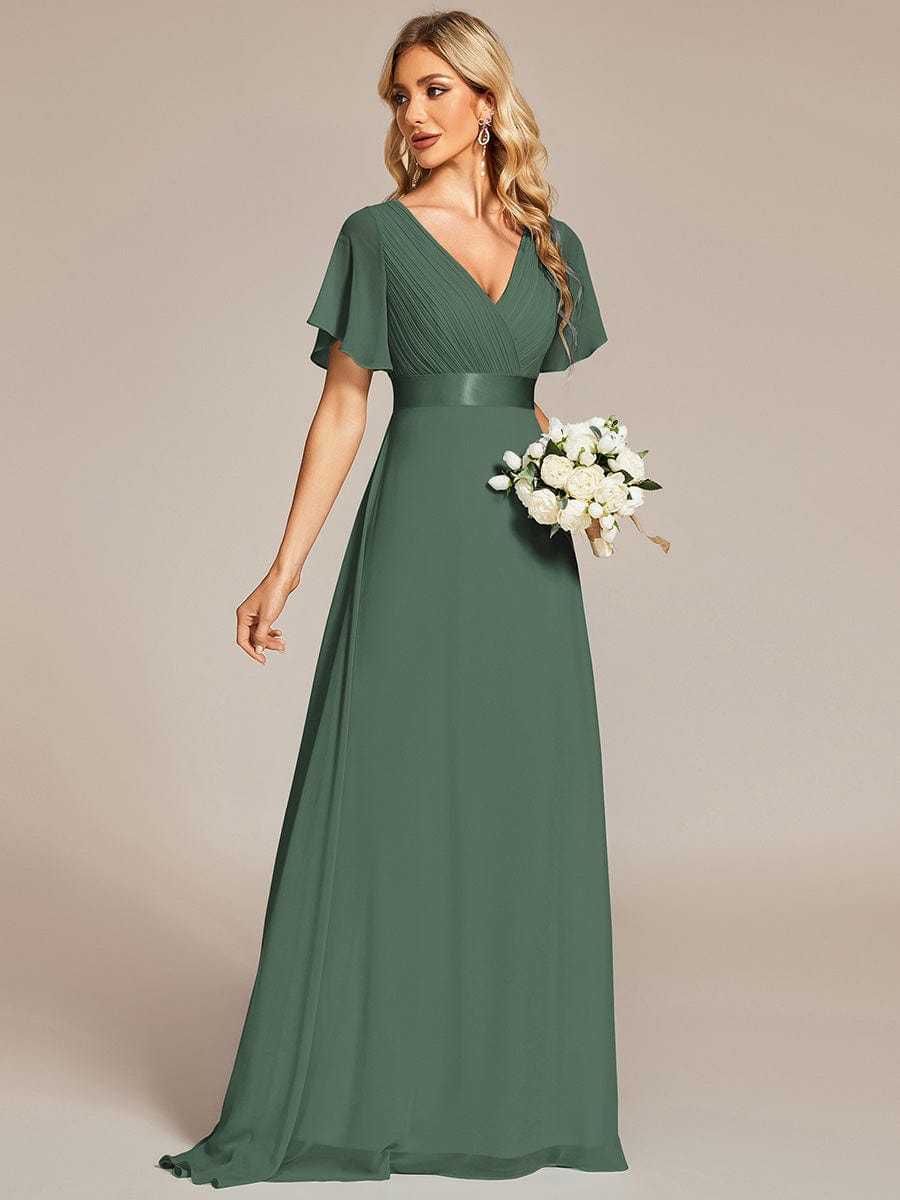 MONICA | Dlouhé šaty pro družičky s empírovým pasem a krátkými volánkovými rukávy | Bridesmaid Dresses | Elora Praha