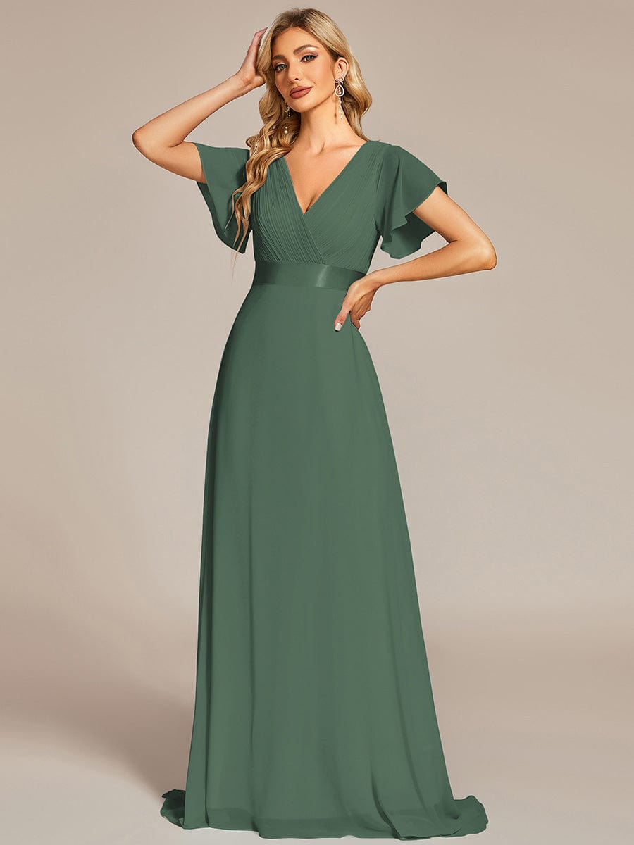MONICA | Dlouhé šaty pro družičky s empírovým pasem a krátkými volánkovými rukávy | Bridesmaid Dresses | Elora Praha