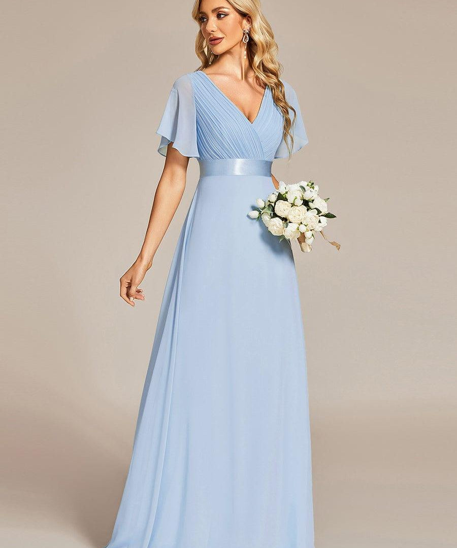 MONICA | Dlouhé šaty pro družičky s empírovým pasem a krátkými volánkovými rukávy | Bridesmaid Dresses | Elora Praha