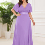 MONICA | Dlouhé šaty pro družičky s empírovým pasem a krátkými volánkovými rukávy | Bridesmaid Dresses | Elora Praha