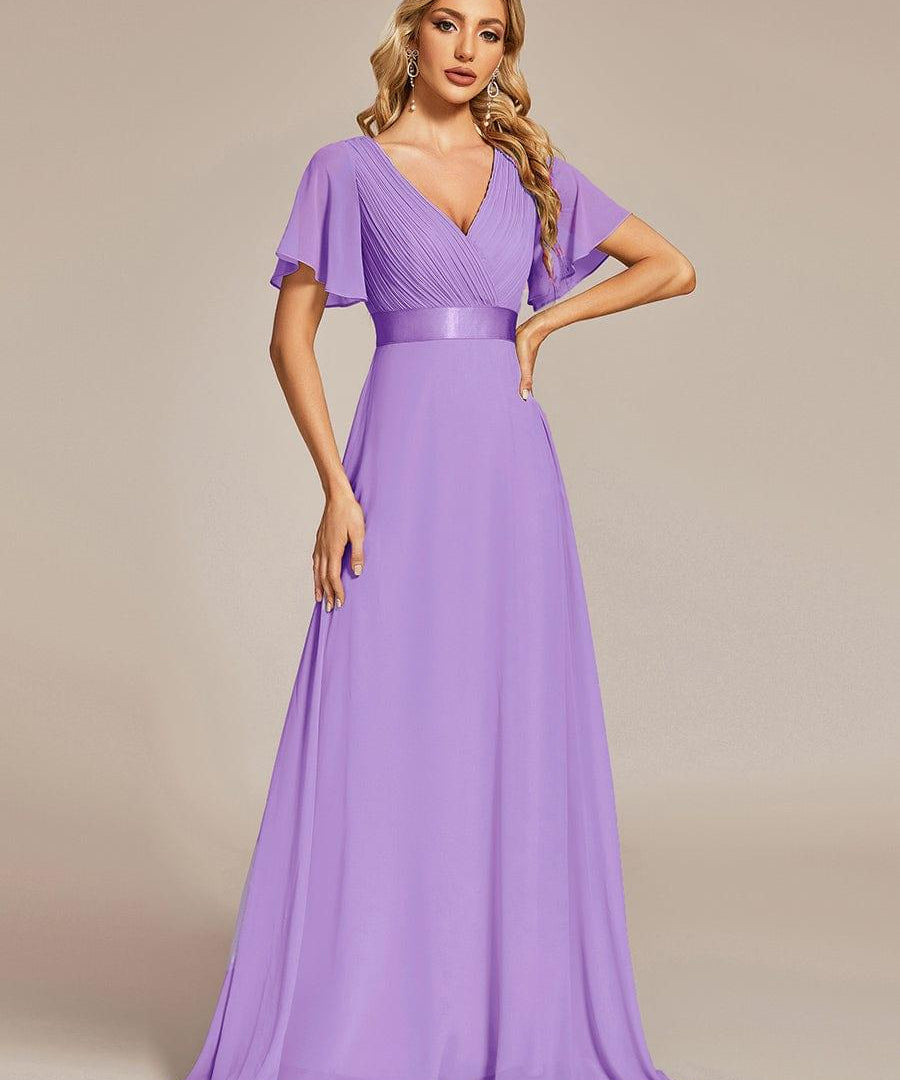 MONICA | Dlouhé šaty pro družičky s empírovým pasem a krátkými volánkovými rukávy | Bridesmaid Dresses | Elora Praha