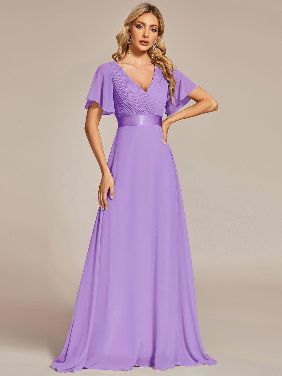 MONICA | Dlouhé šaty pro družičky s empírovým pasem a krátkými volánkovými rukávy | Bridesmaid Dresses | Elora Praha
