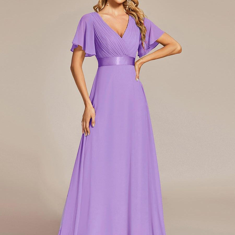 MONICA | Dlouhé šaty pro družičky s empírovým pasem a krátkými volánkovými rukávy | Bridesmaid Dresses | Elora Praha