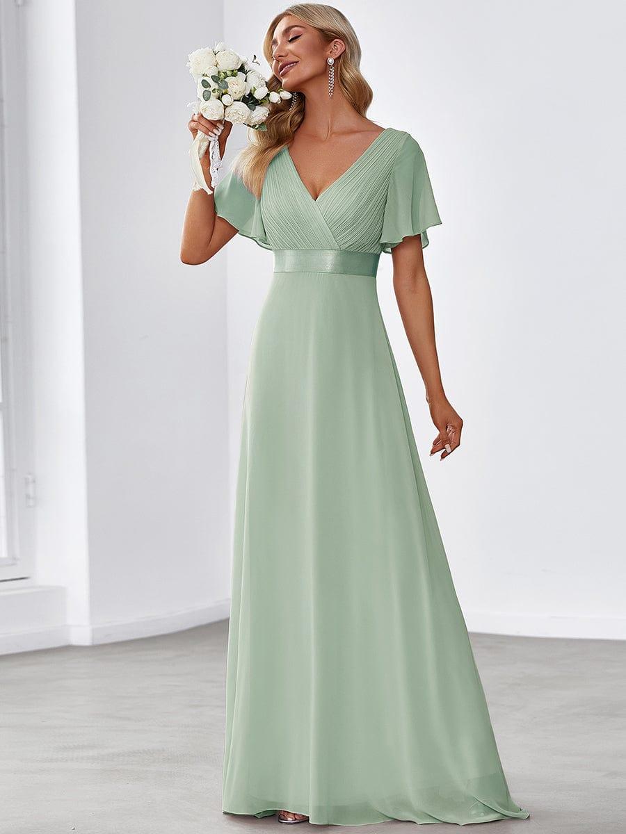 MONICA | Dlouhé šaty pro družičky s empírovým pasem a krátkými volánkovými rukávy | Bridesmaid Dresses | Elora Praha