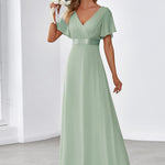 MONICA | Dlouhé šaty pro družičky s empírovým pasem a krátkými volánkovými rukávy | Bridesmaid Dresses | Elora Praha