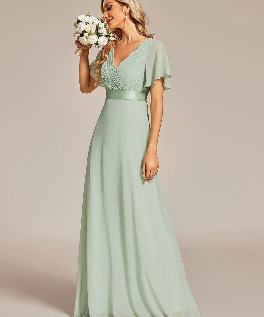 MONICA | Dlouhé šaty pro družičky s empírovým pasem a krátkými volánkovými rukávy | Bridesmaid Dresses | Elora Praha