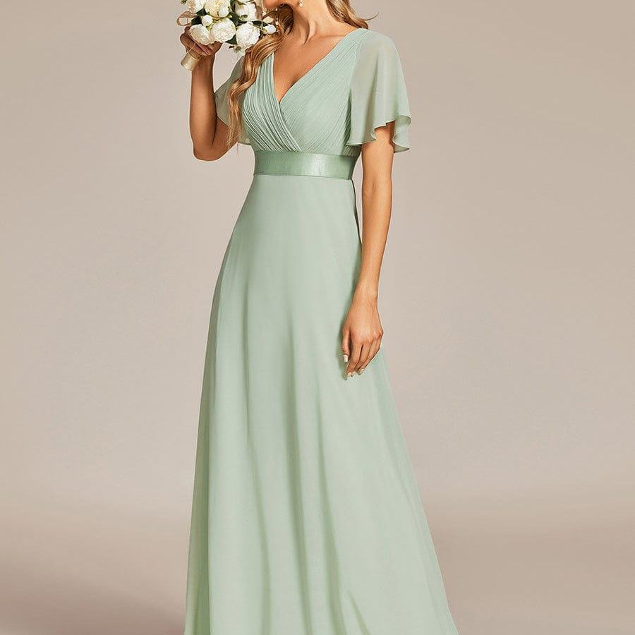 MONICA | Dlouhé šaty pro družičky s empírovým pasem a krátkými volánkovými rukávy | Bridesmaid Dresses | Elora Praha