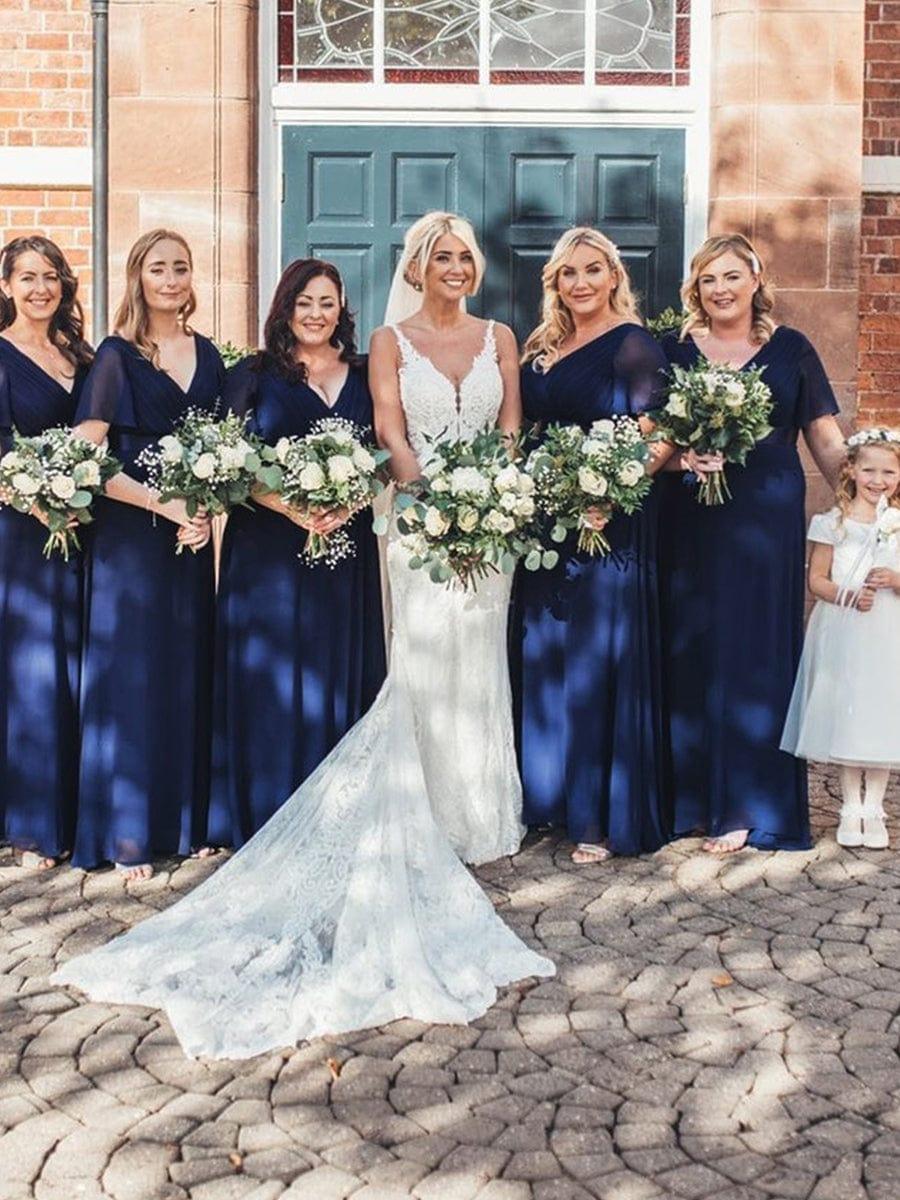 MONICA | Dlouhé šaty pro družičky s empírovým pasem a krátkými volánkovými rukávy | Bridesmaid Dresses | Elora Praha