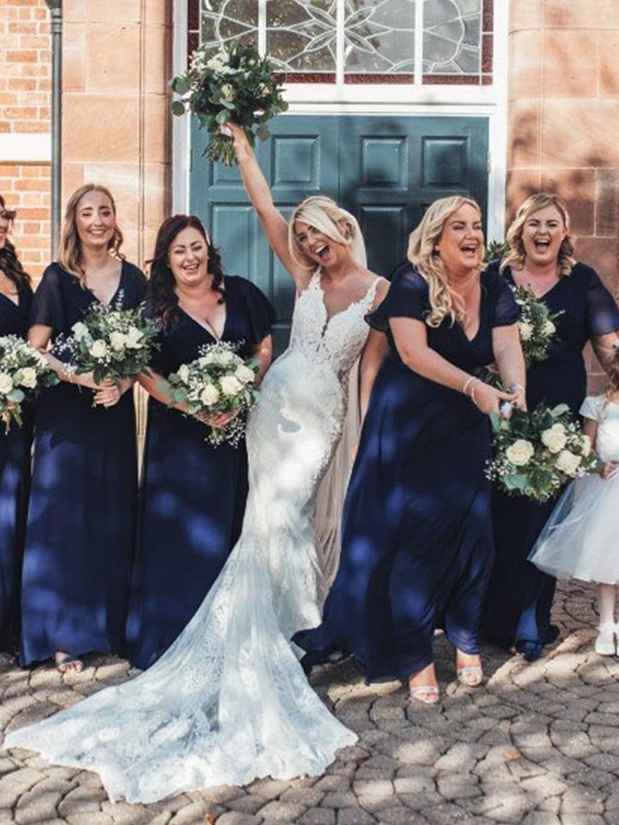 MONICA | Dlouhé šaty pro družičky s empírovým pasem a krátkými volánkovými rukávy | Bridesmaid Dresses | Elora Praha