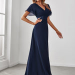 MONICA | Dlouhé šaty pro družičky s empírovým pasem a krátkými volánkovými rukávy | Bridesmaid Dresses | Elora Praha