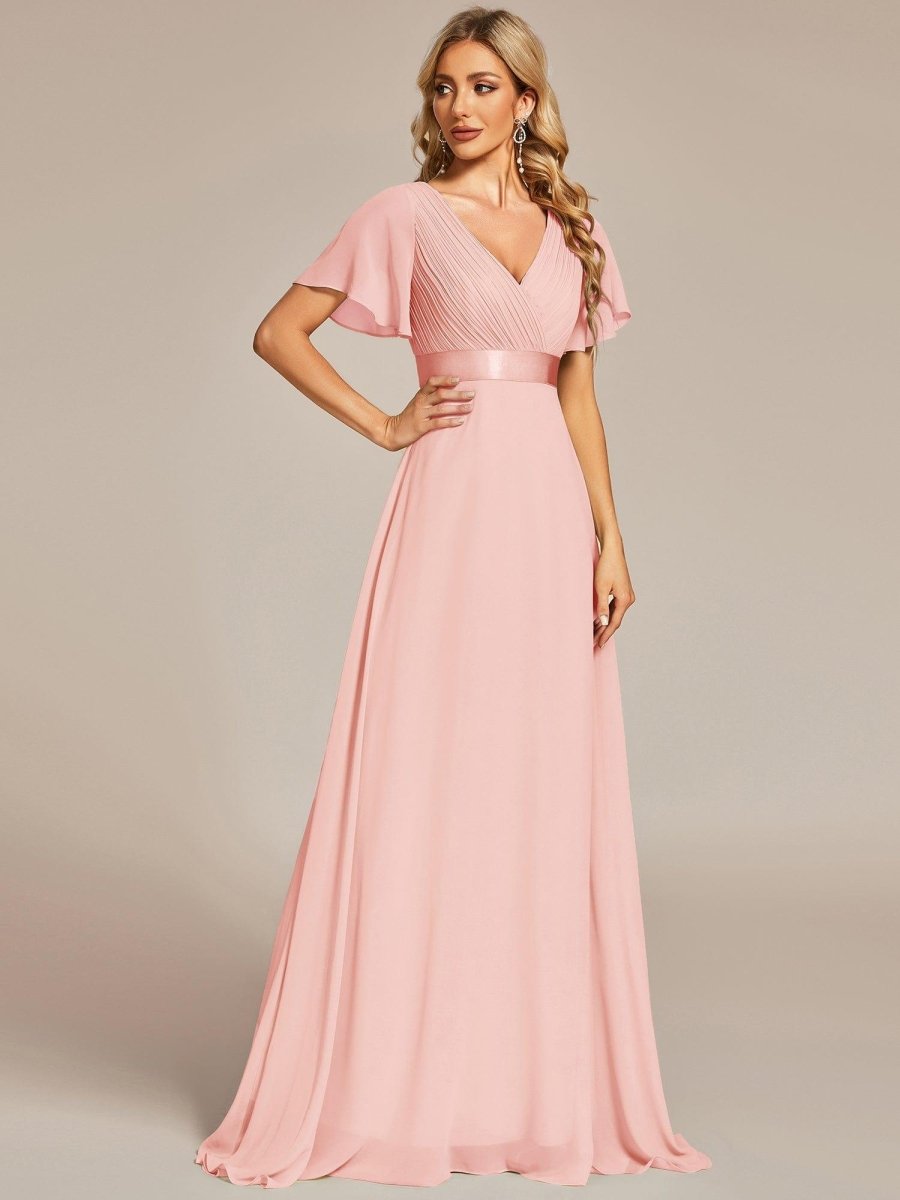 MONICA | Dlouhé šaty pro družičky s empírovým pasem a krátkými volánkovými rukávy | Bridesmaid Dresses | Elora Praha