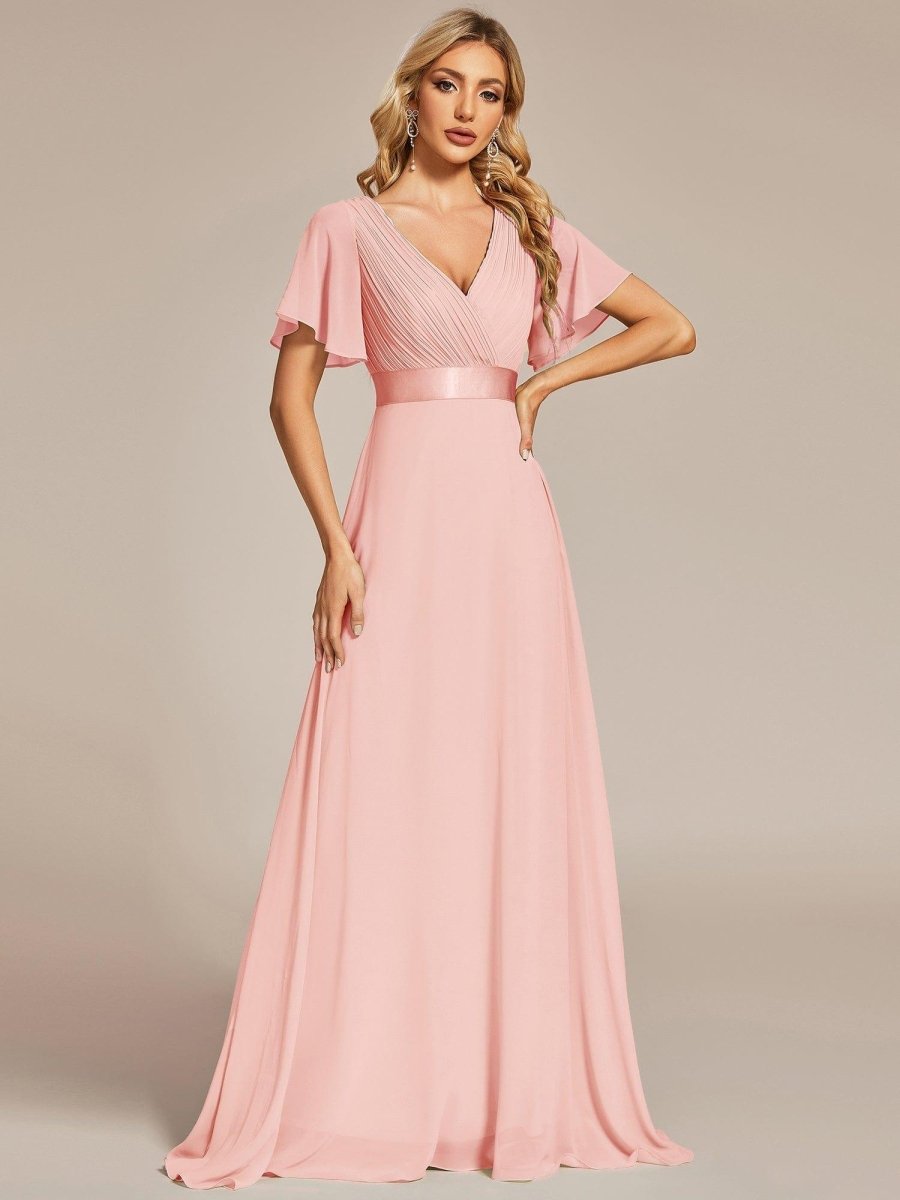 MONICA | Dlouhé šaty pro družičky s empírovým pasem a krátkými volánkovými rukávy | Bridesmaid Dresses | Elora Praha