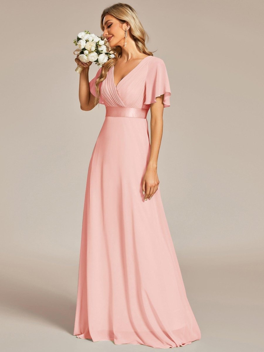 MONICA | Dlouhé šaty pro družičky s empírovým pasem a krátkými volánkovými rukávy | Bridesmaid Dresses | Elora Praha