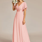 MONICA | Dlouhé šaty pro družičky s empírovým pasem a krátkými volánkovými rukávy | Bridesmaid Dresses | Elora Praha