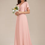 MONICA | Dlouhé šaty pro družičky s empírovým pasem a krátkými volánkovými rukávy | Bridesmaid Dresses | Elora Praha