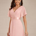 MONICA | Dlouhé šaty pro družičky s empírovým pasem a krátkými volánkovými rukávy | Bridesmaid Dresses | Elora Praha