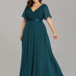 MONICA | Dlouhé šaty pro družičky s empírovým pasem a krátkými volánkovými rukávy | Bridesmaid Dresses | Elora Praha