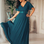 MONICA | Dlouhé šaty pro družičky s empírovým pasem a krátkými volánkovými rukávy | Bridesmaid Dresses | Elora Praha