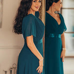 MONICA | Dlouhé šaty pro družičky s empírovým pasem a krátkými volánkovými rukávy | Bridesmaid Dresses | Elora Praha