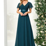 MONICA | Dlouhé šaty pro družičky s empírovým pasem a krátkými volánkovými rukávy | Bridesmaid Dresses | Elora Praha
