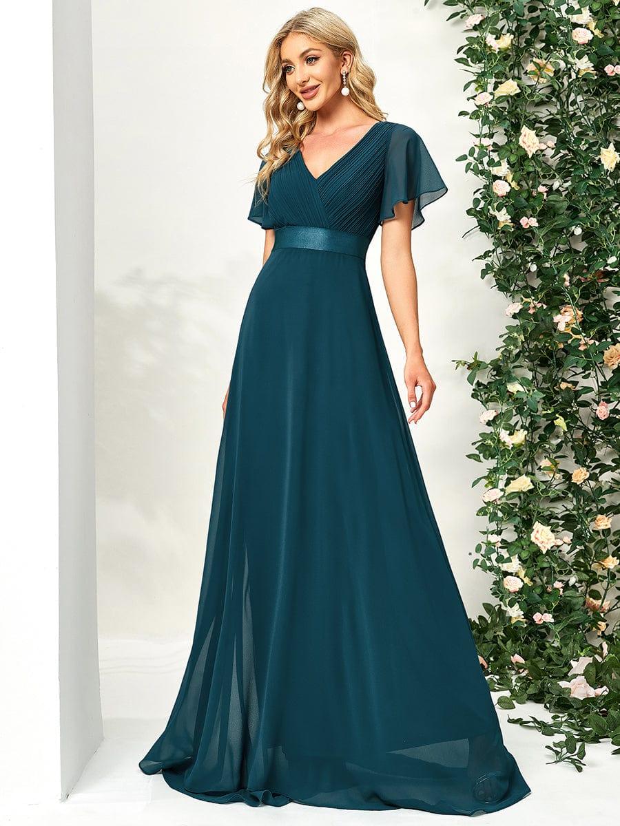 MONICA | Dlouhé šaty pro družičky s empírovým pasem a krátkými volánkovými rukávy | Bridesmaid Dresses | Elora Praha