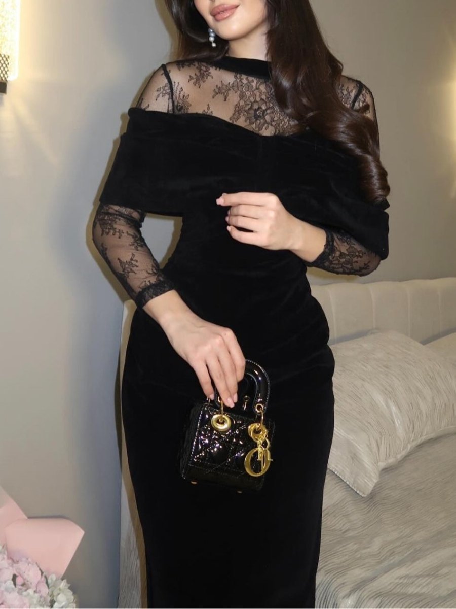 Černé sametové maxi šaty s krajkovým lemem | Party Dresses | Elora Praha