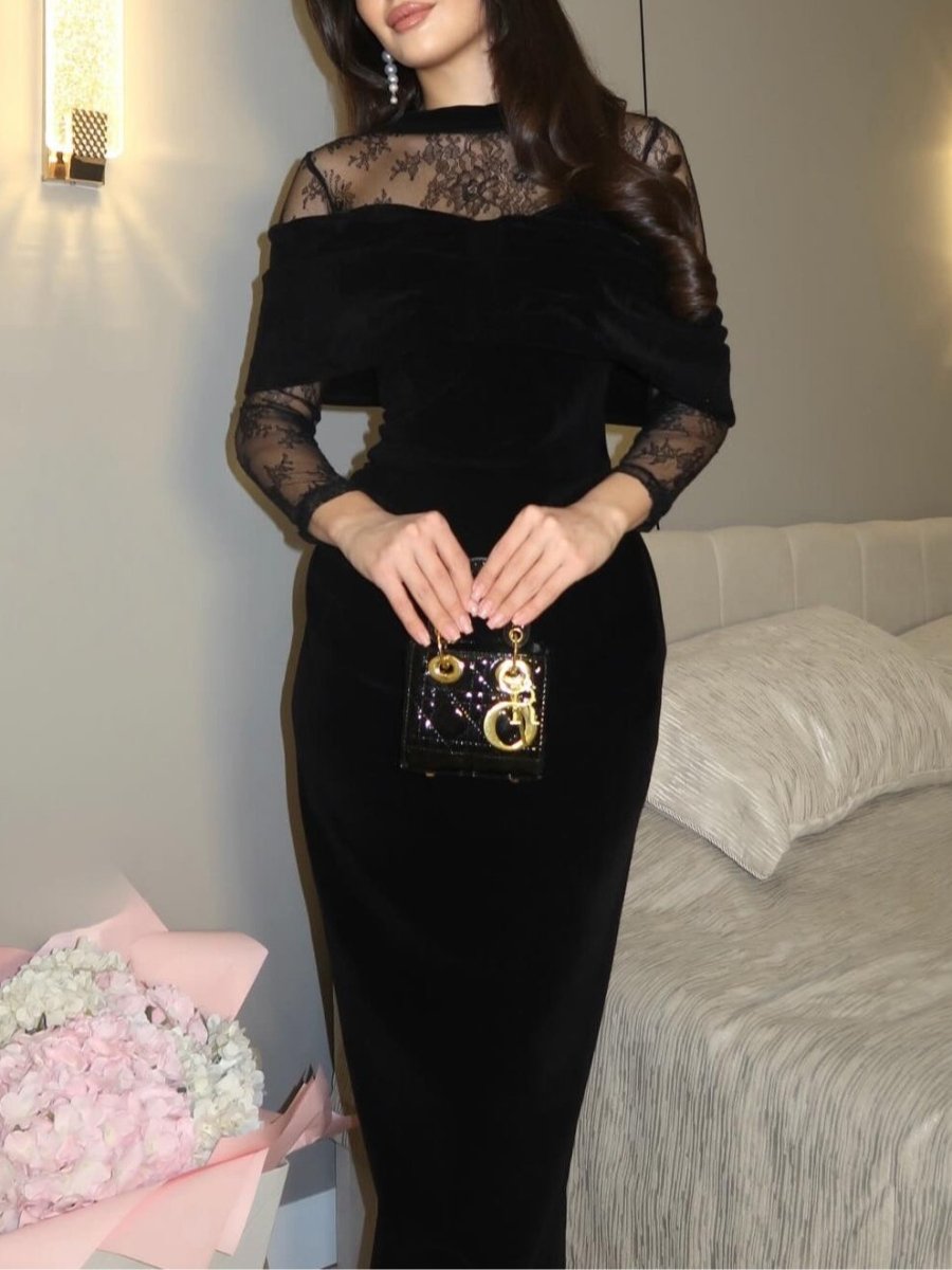 Černé sametové maxi šaty s krajkovým lemem | Party Dresses | Elora Praha