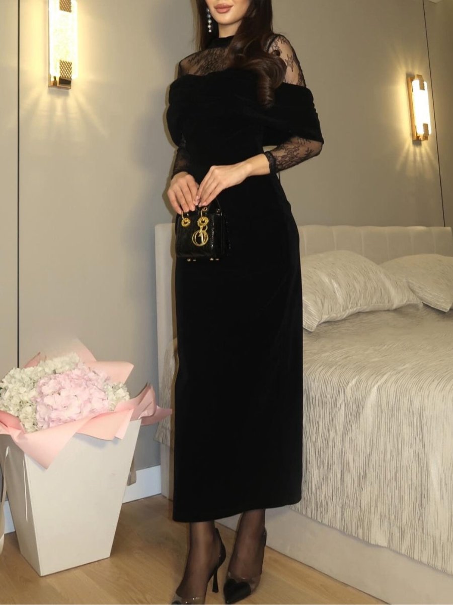 Černé sametové maxi šaty s krajkovým lemem | Party Dresses | Elora Praha