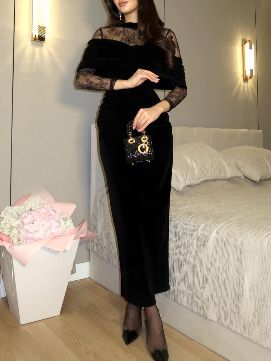 Černé sametové maxi šaty s krajkovým lemem | Party Dresses | Elora Praha
