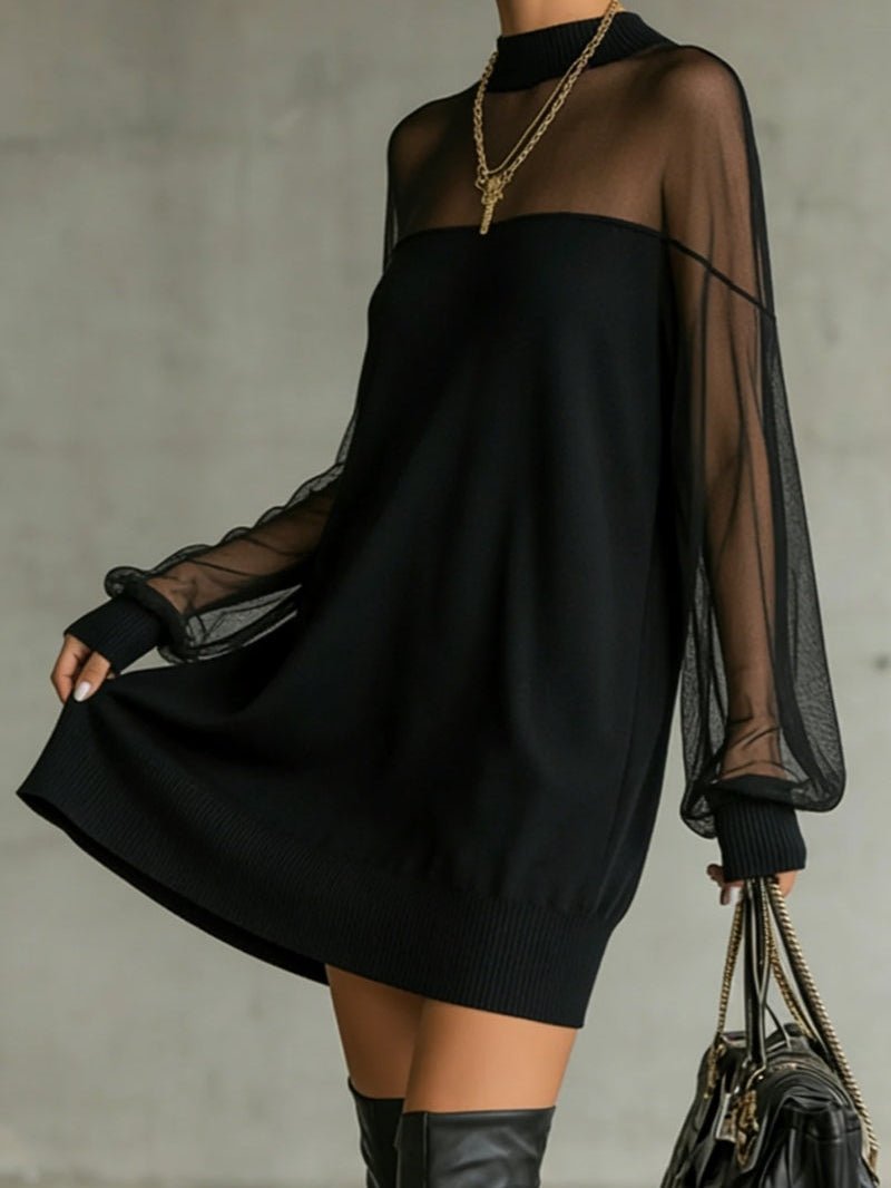 Černé průhledné síťové rukávy mini šaty s vysokým výstřihem | Mini Dresses | Elora Praha
