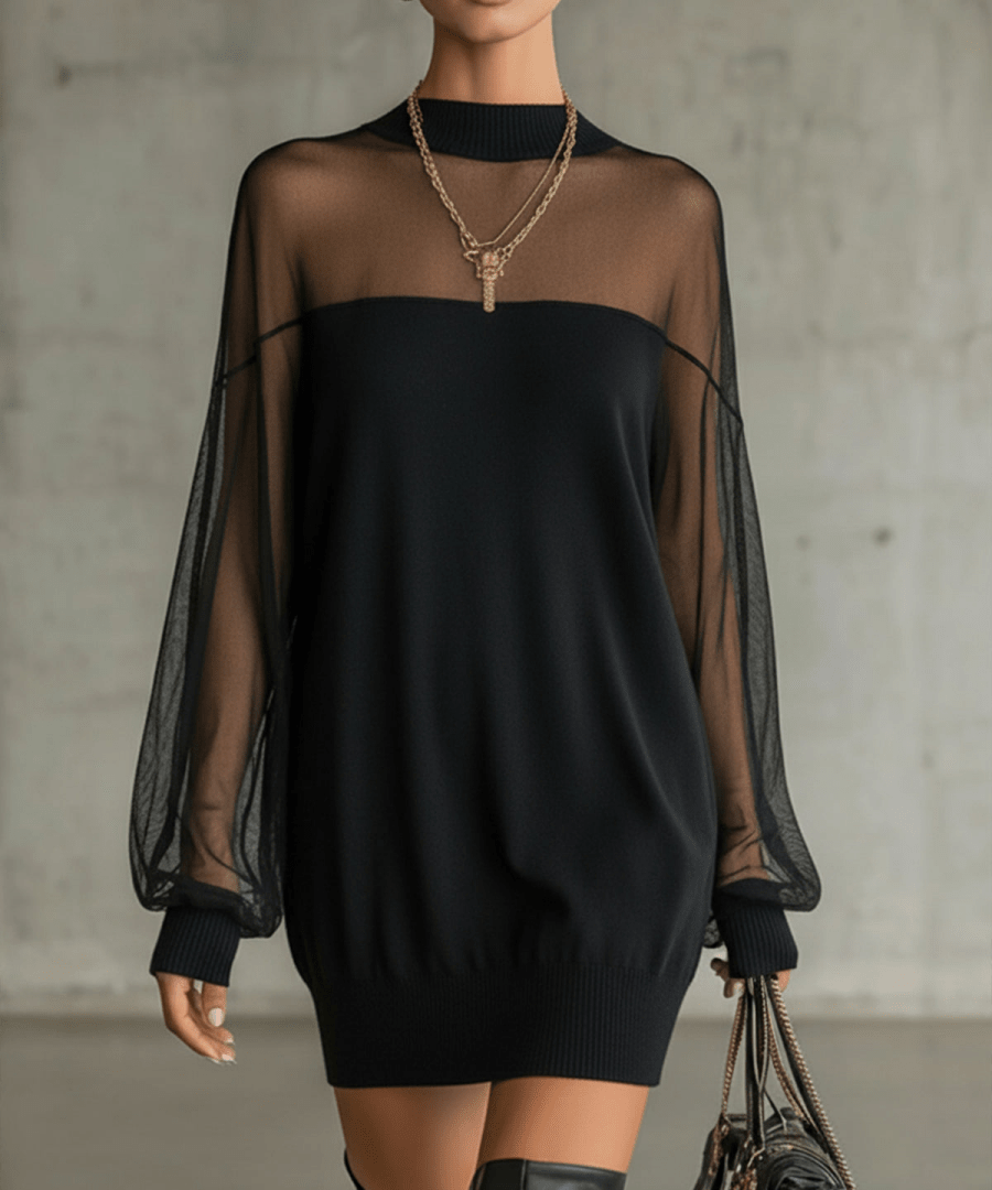 Černé průhledné síťové rukávy mini šaty s vysokým výstřihem | Mini Dresses | Elora Praha