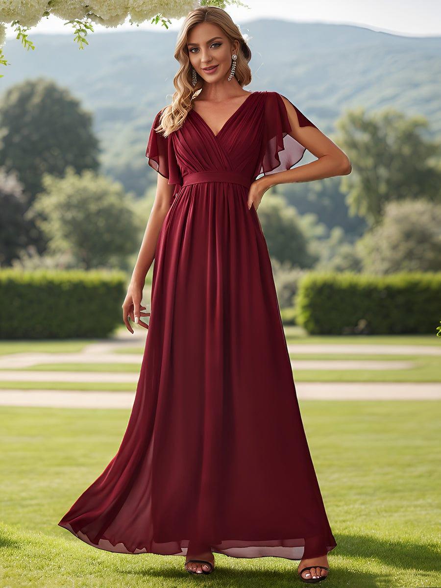 večerní šaty LEORA | V - krk s volánkovými rukávy, dlouhé až na zem, A - line, šifon | Evening Dresses | Elora Praha