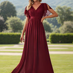 večerní šaty LEORA | V - krk s volánkovými rukávy, dlouhé až na zem, A - line, šifon | Evening Dresses | Elora Praha