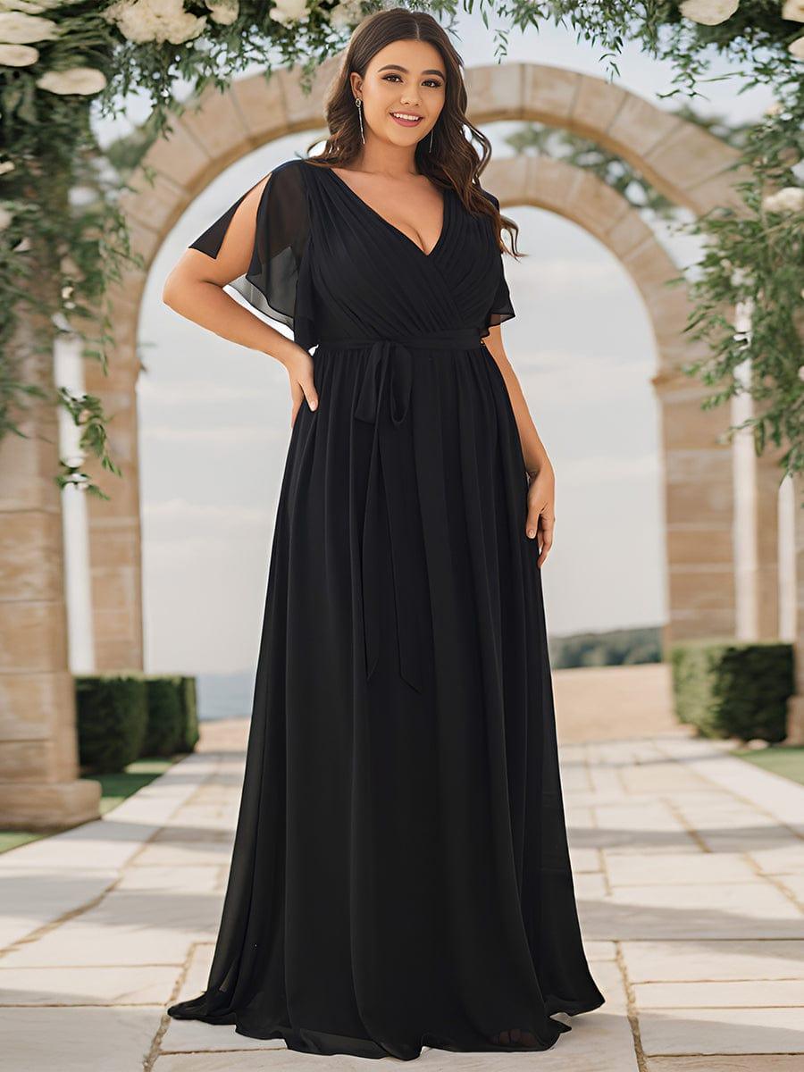 večerní šaty LEORA | V - krk s volánkovými rukávy, dlouhé až na zem, A - line, šifon | Evening Dresses | Elora Praha