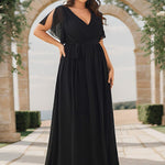 večerní šaty LEORA | V - krk s volánkovými rukávy, dlouhé až na zem, A - line, šifon | Evening Dresses | Elora Praha