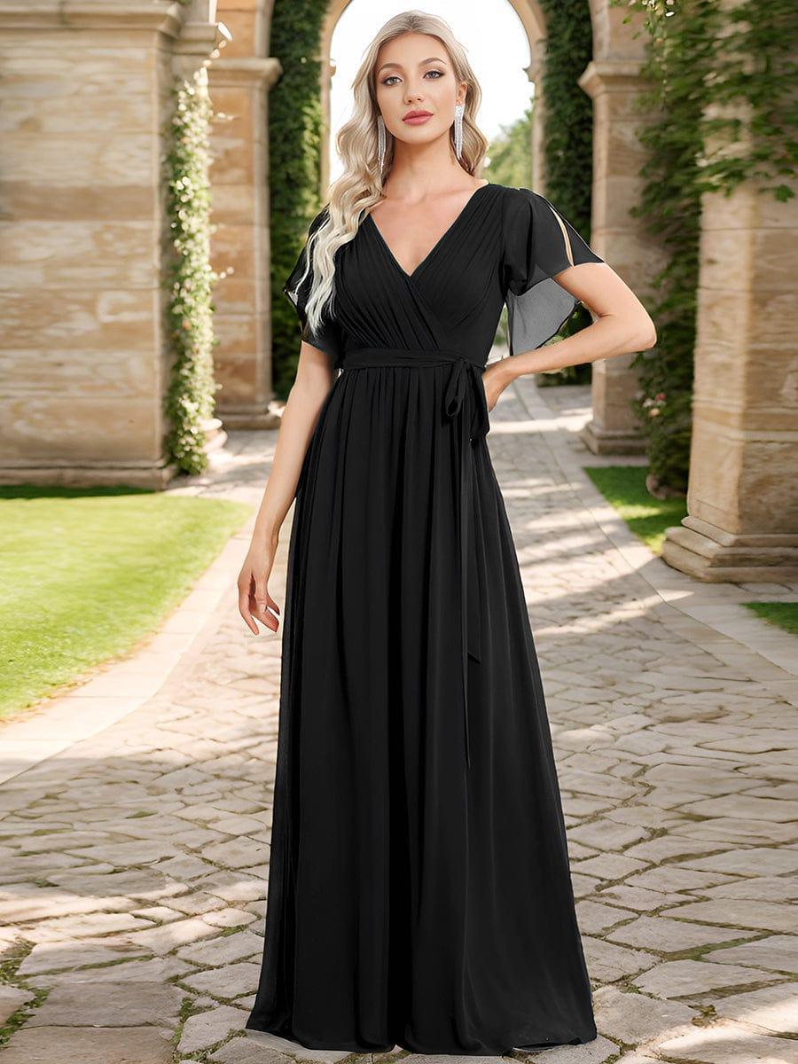 večerní šaty LEORA | V - krk s volánkovými rukávy, dlouhé až na zem, A - line, šifon | Evening Dresses | Elora Praha