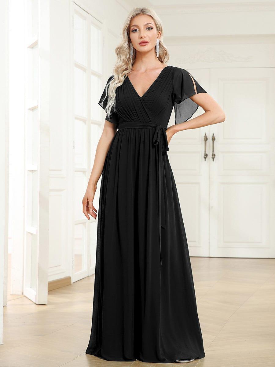 večerní šaty LEORA | V - krk s volánkovými rukávy, dlouhé až na zem, A - line, šifon | Evening Dresses | Elora Praha