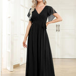 večerní šaty LEORA | V - krk s volánkovými rukávy, dlouhé až na zem, A - line, šifon | Evening Dresses | Elora Praha