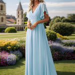 večerní šaty LEORA | V - krk s volánkovými rukávy, dlouhé až na zem, A - line, šifon | Evening Dresses | Elora Praha