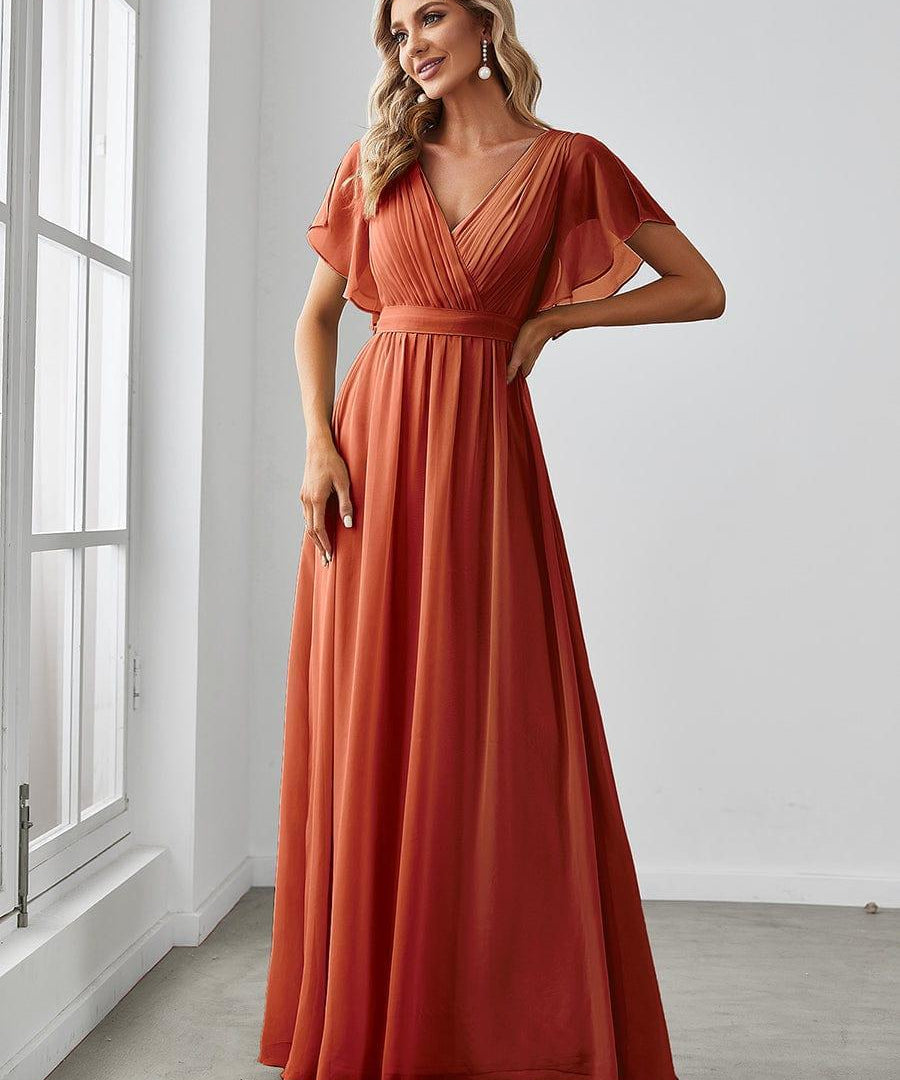 večerní šaty LEORA | V - krk s volánkovými rukávy, dlouhé až na zem, A - line, šifon | Evening Dresses | Elora Praha